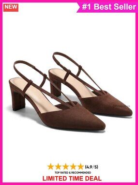 Faux Suede Slingback Pumps Closed Pointed Toe Chunky Heel Dress Shoes
